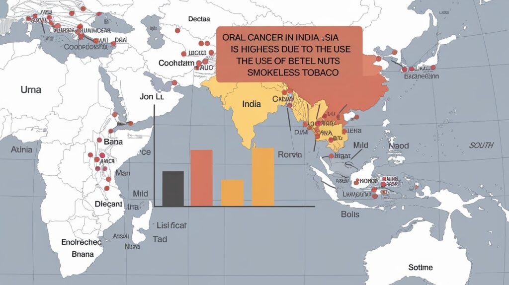 Oral cancer in India is highest in South Asia due to the use of betel nuts and smokeless tobacco by www.medicalguro.com